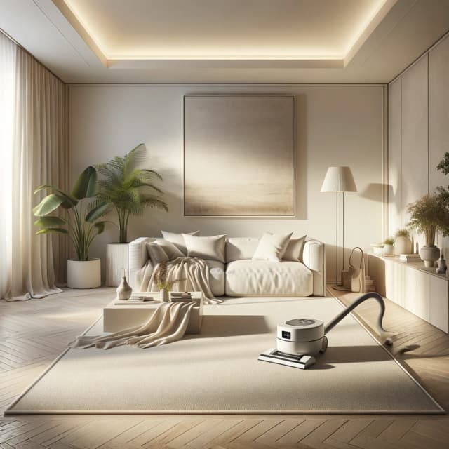 Luxury minimalist living room with clean off-white area rug, diffused natural light, and elegant minimalist furniture, showcasing meticulous care and sophisticated tranquility.