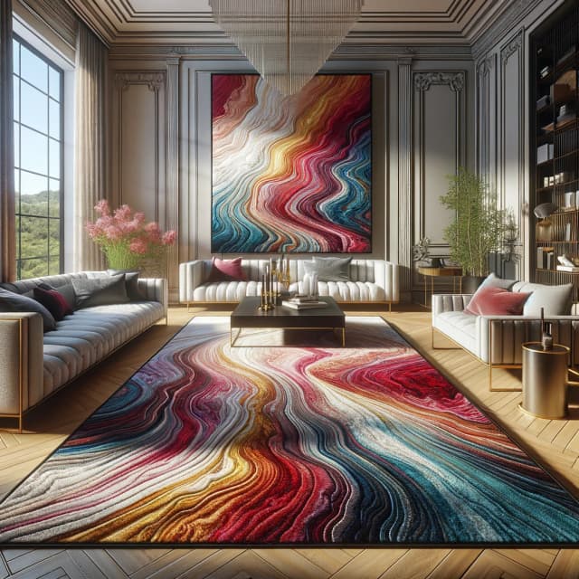 Ultra-realistic living room featuring a vibrant viscose rug with luxurious sheen, surrounded by minimalist furniture and bathed in natural light, highlighting modern elegance.